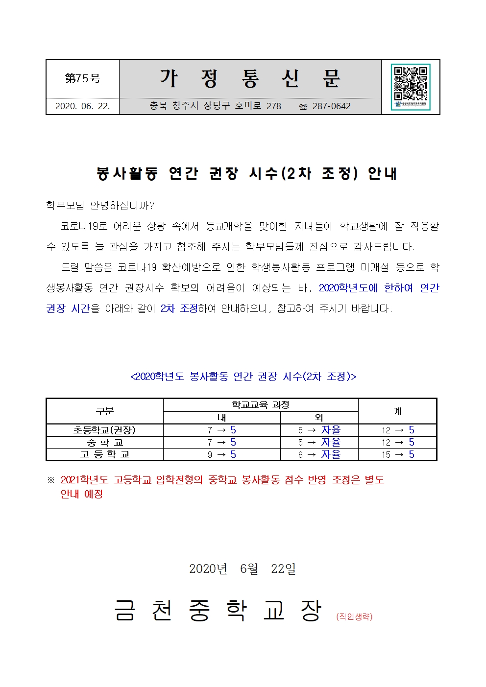 제75호 학생봉사활동 안내 가정통신문001