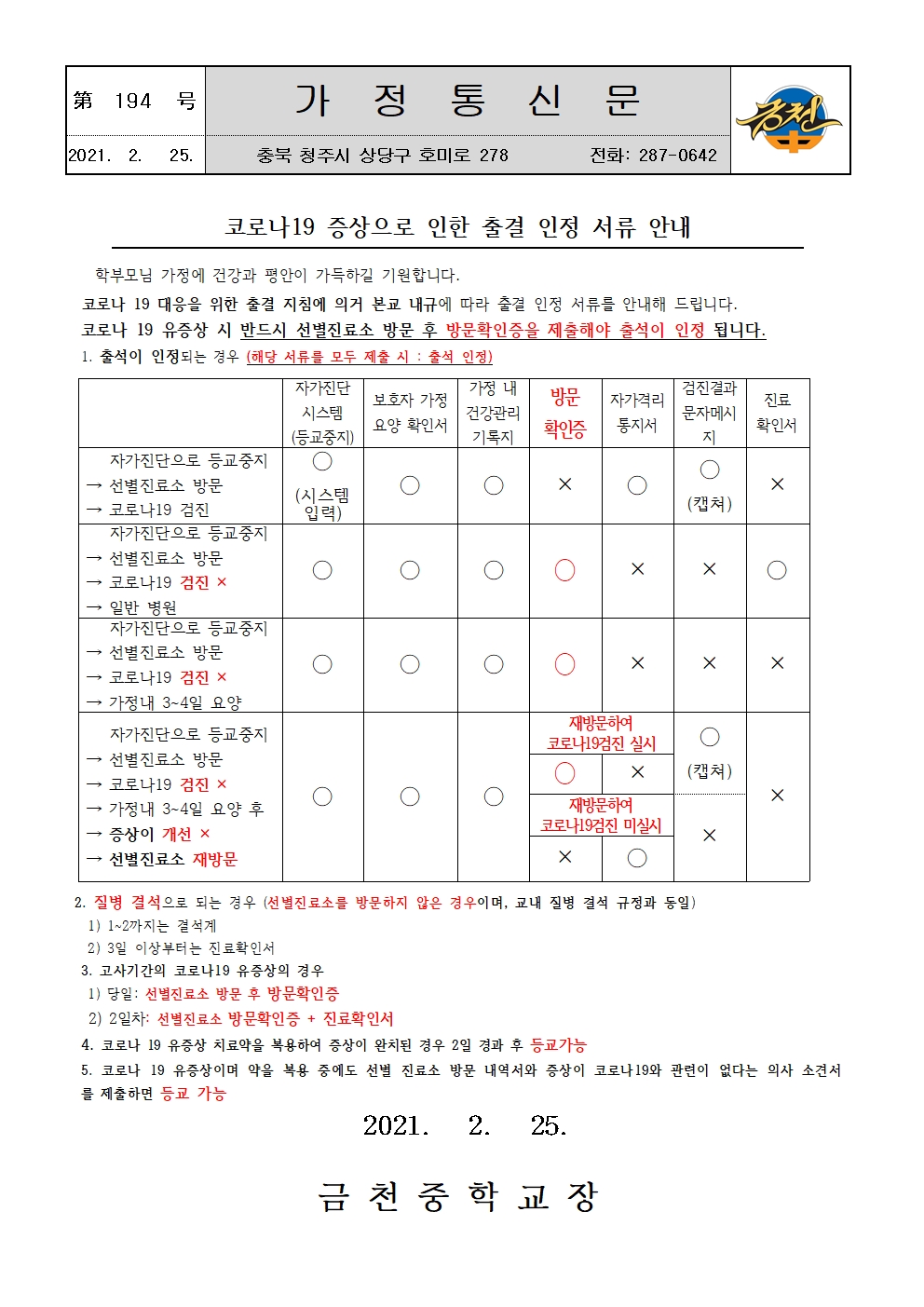 제194호 2021. 코로나19 유증상으로 인한 출석인정 서류안내 가정통신문001