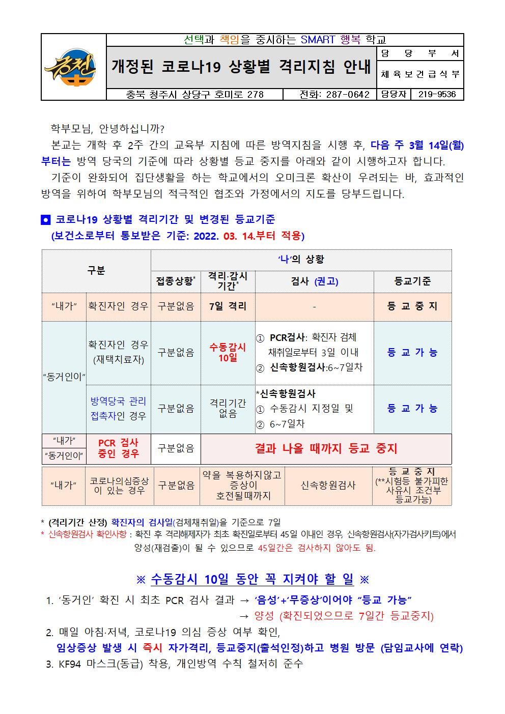 개정된 코로나19 상황별 격리지침 안내(금천중)001