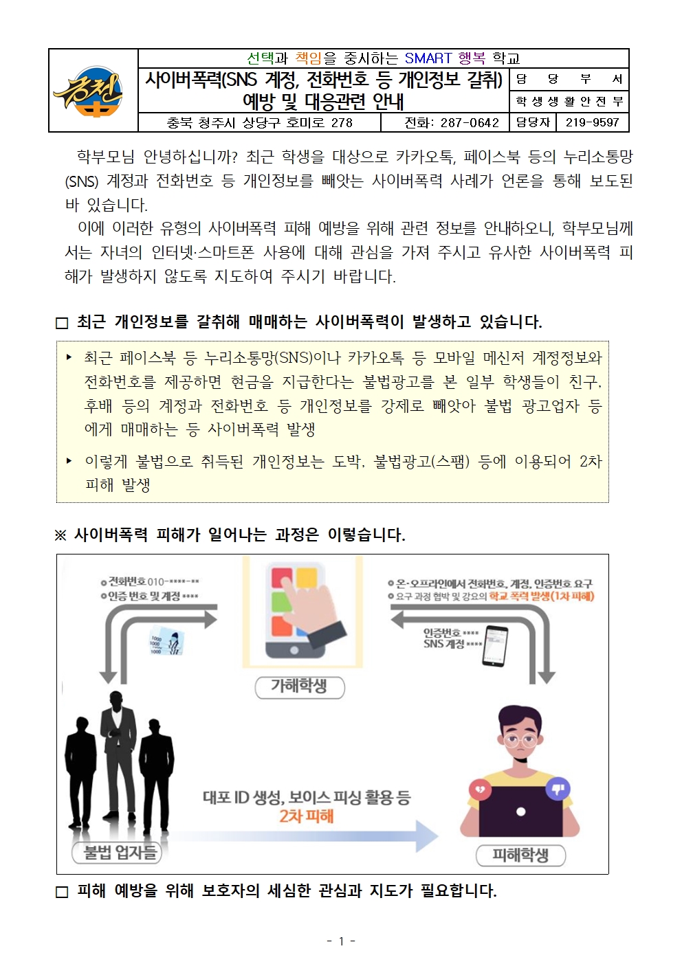 사이버폭력(SNS 계정 및 전화번호 등 개인정보 갈취) 예방 및 대응관련 안내 가정통신문001