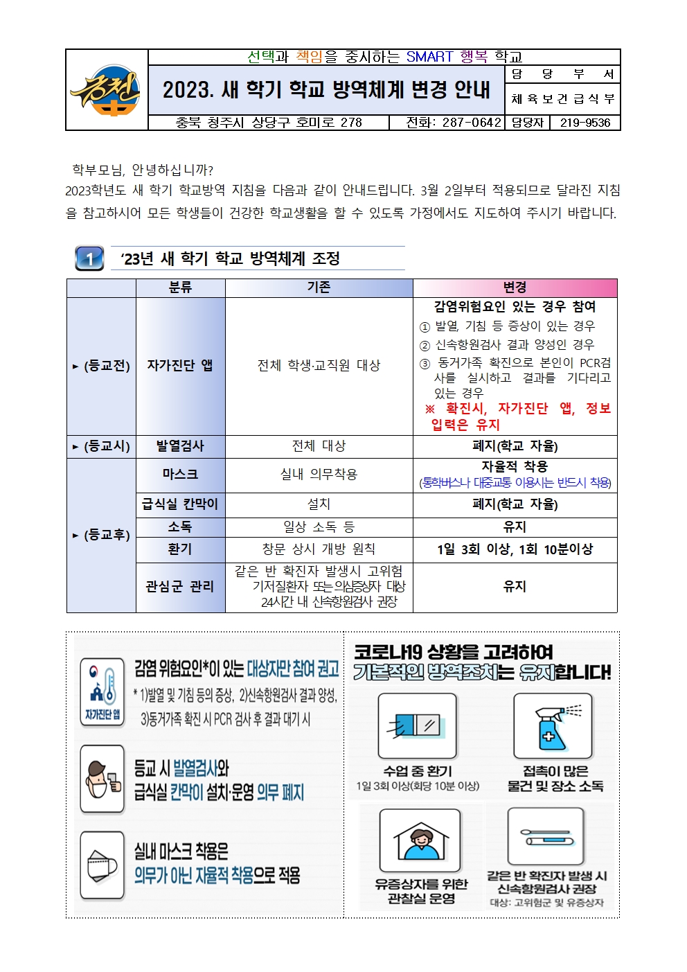 2023학년도 새 학기 학교 방역체계 변경 안내문(금천중)001