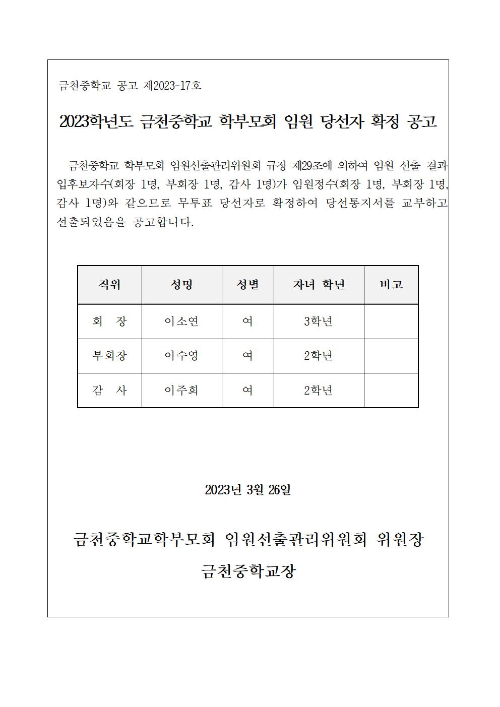 2023. 금천중학교 학부모회 임원 당선자 확정 공고001