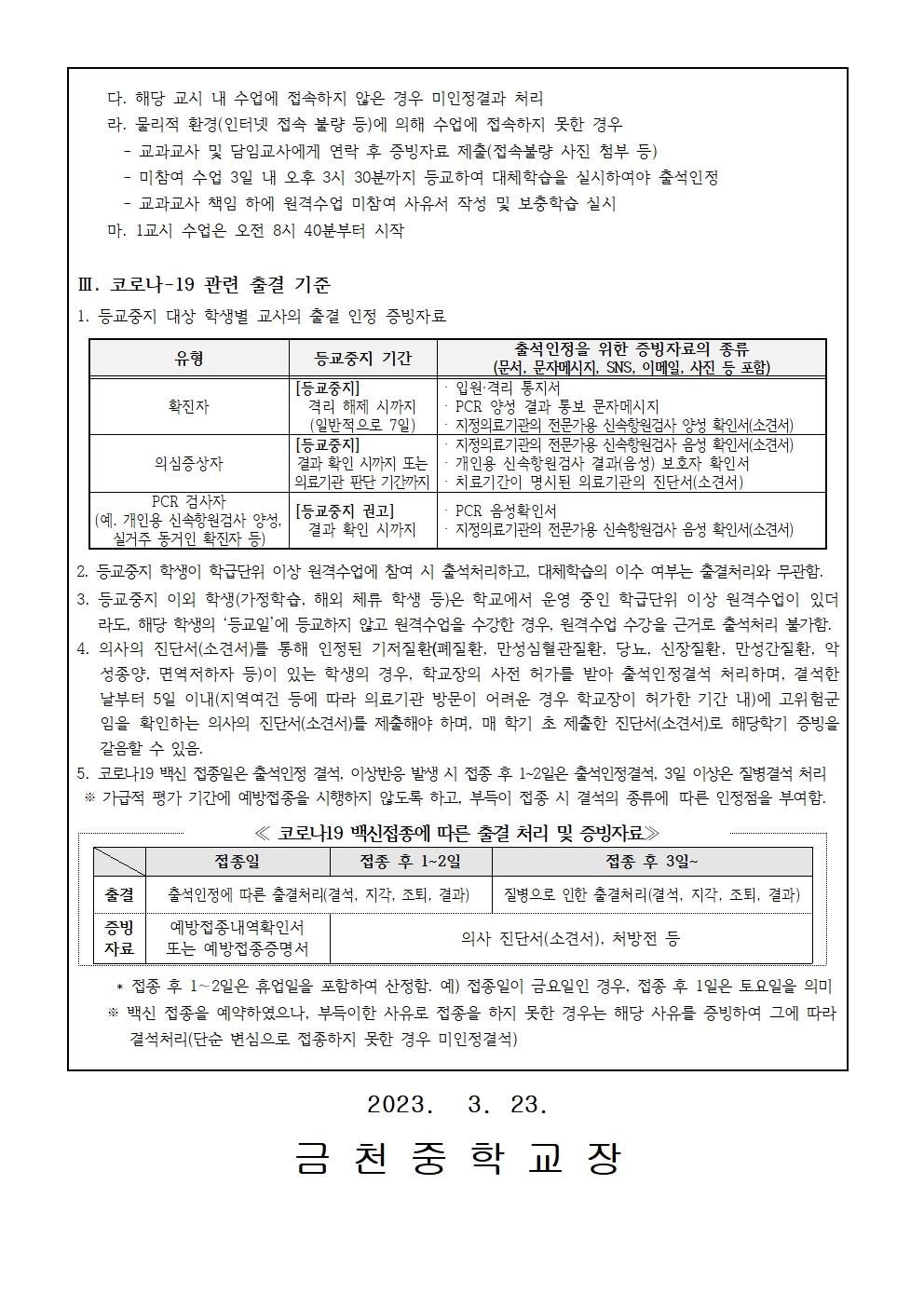 2023학년도 학생 출결 기준 안내(가정통신문)002